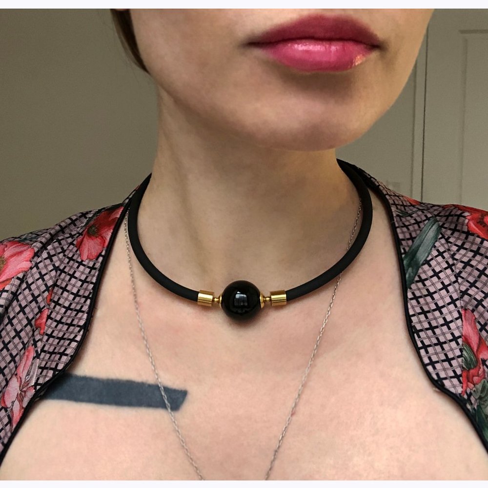 Large onyx necklace, black chunky stone  choker collar